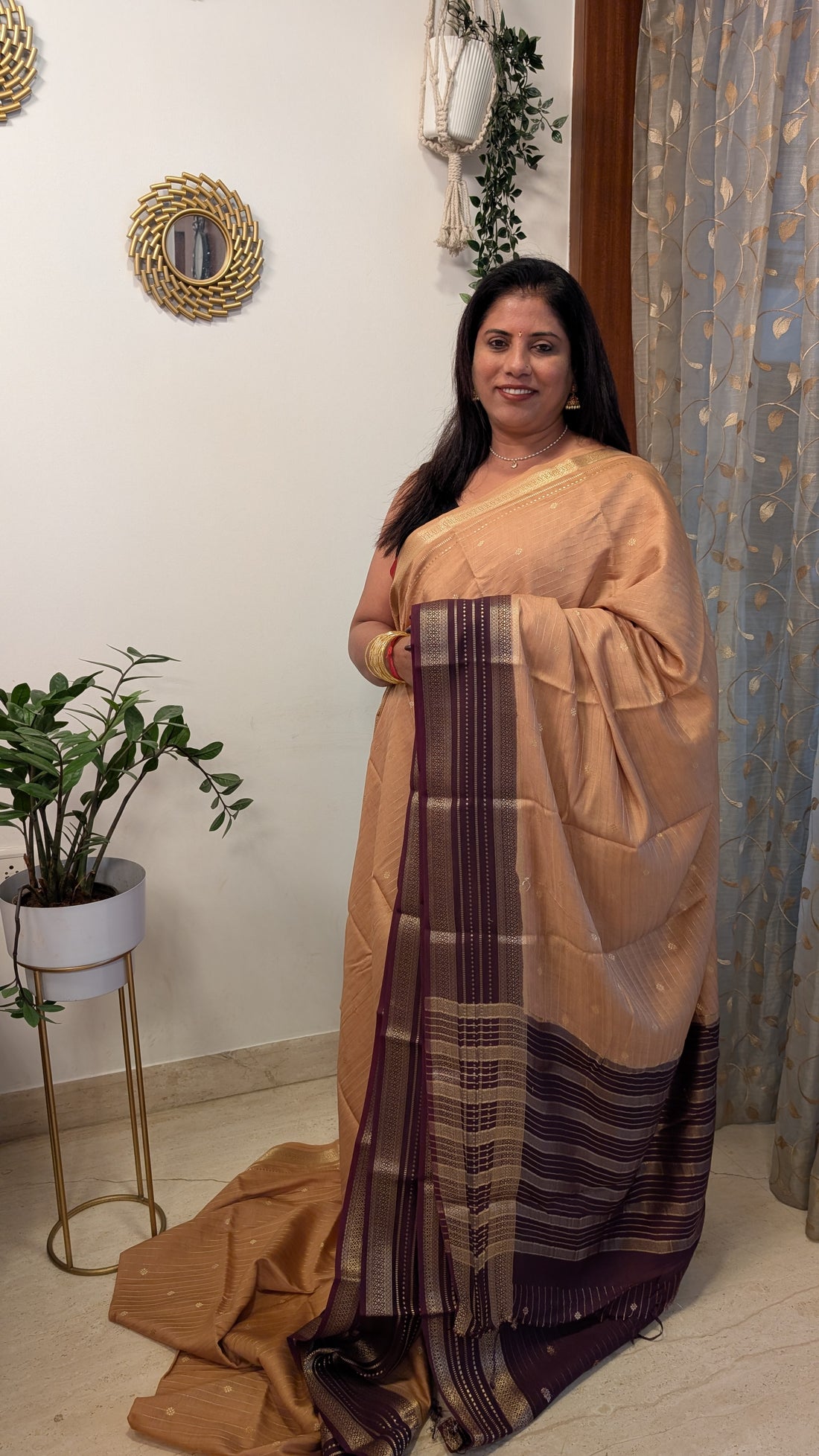 Chanderi Cotton Mix Silk Saree- Beige with Coffee brown