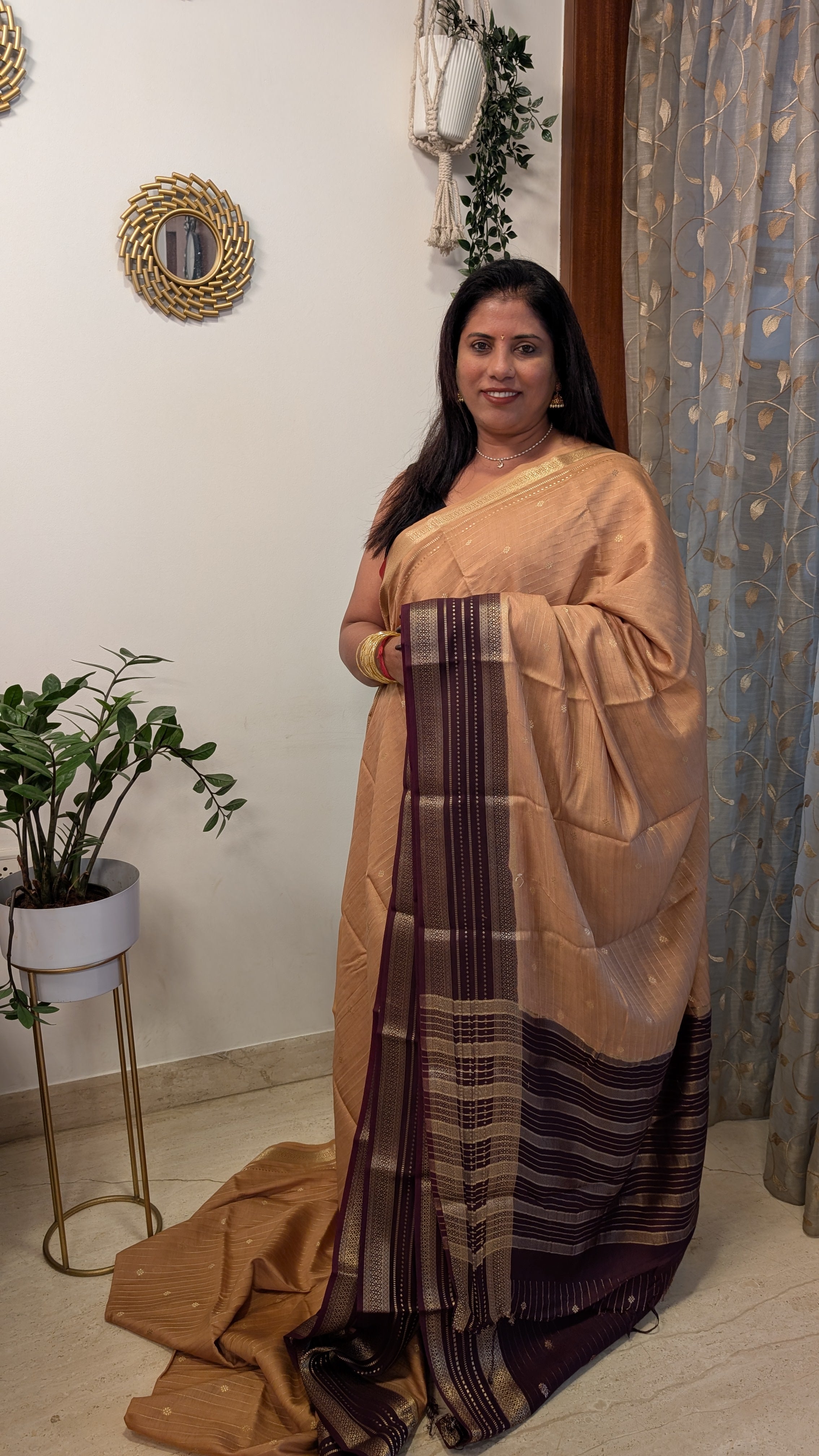 Chanderi Cotton Mix Silk Saree- Beige with Coffee brown