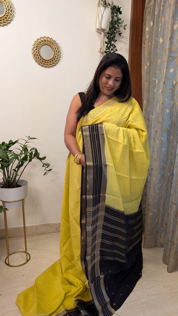 Chanderi Cotton Mix Silk Saree- Yellow and Coffee Brown