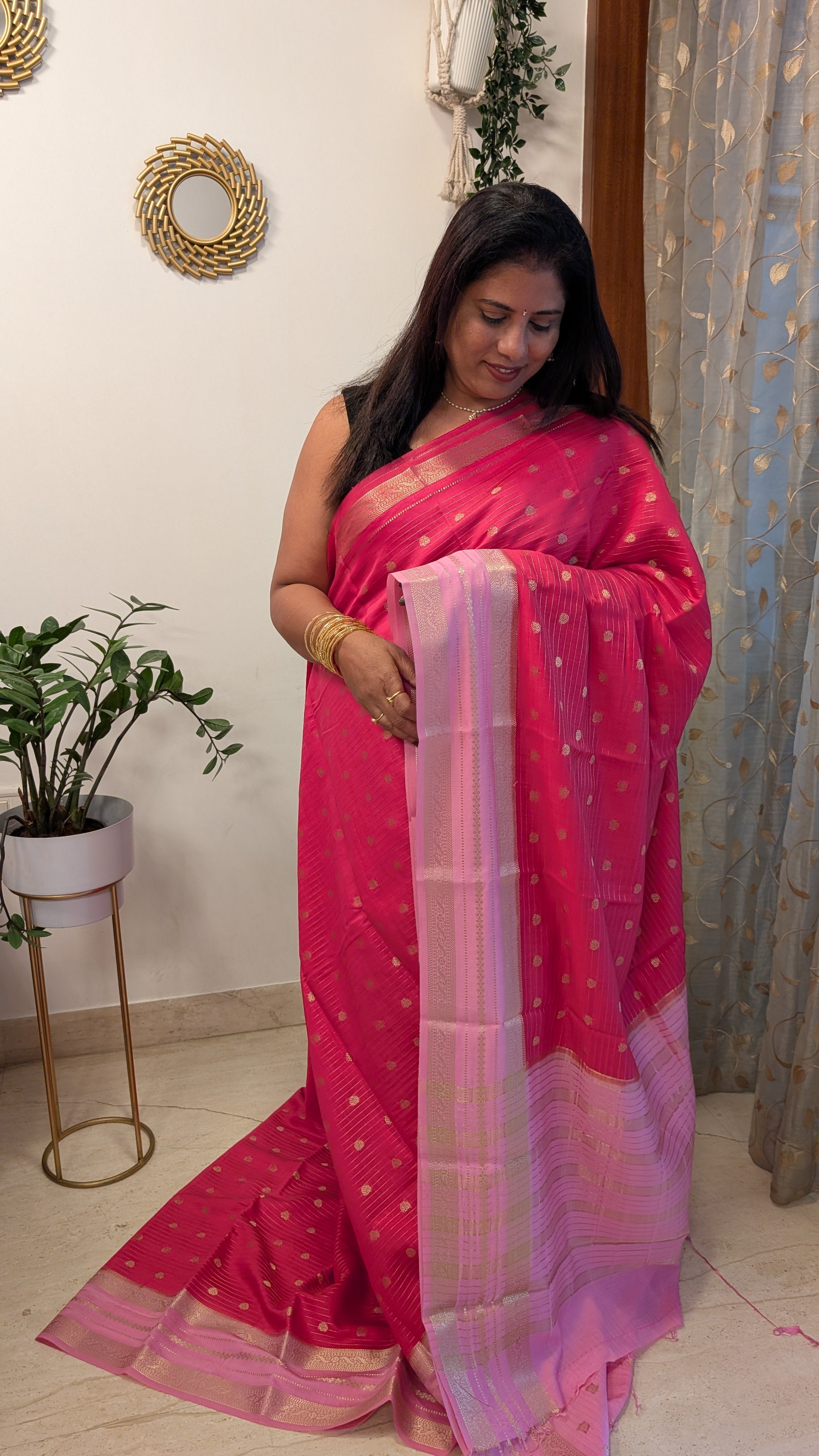 Chanderi Cotton Mix Silk Saree- Magenta and Pink