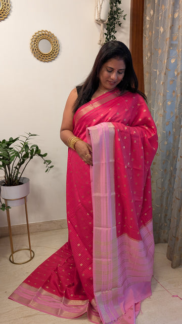 Chanderi Cotton Mix Silk Saree- Magenta and Pink