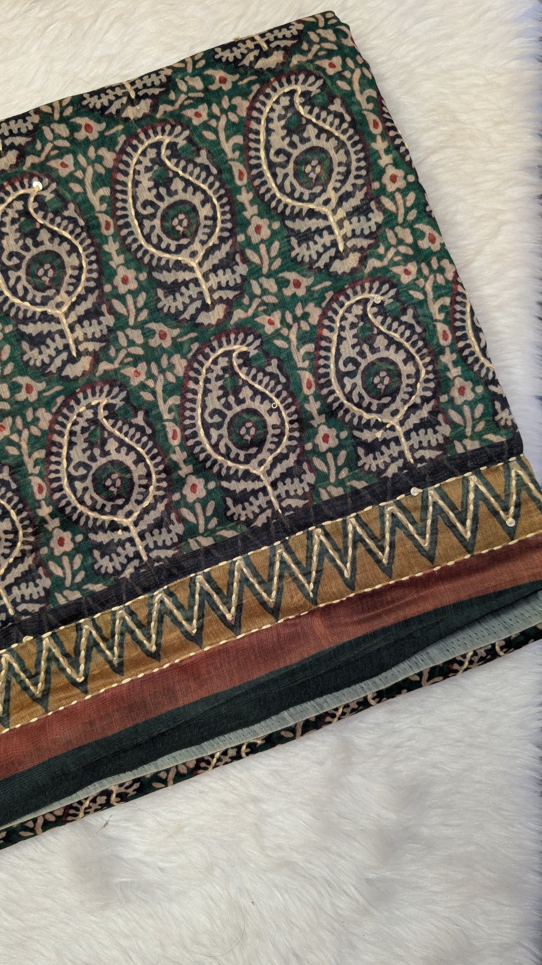 Cotton Kantha Thread Work Saree - Green