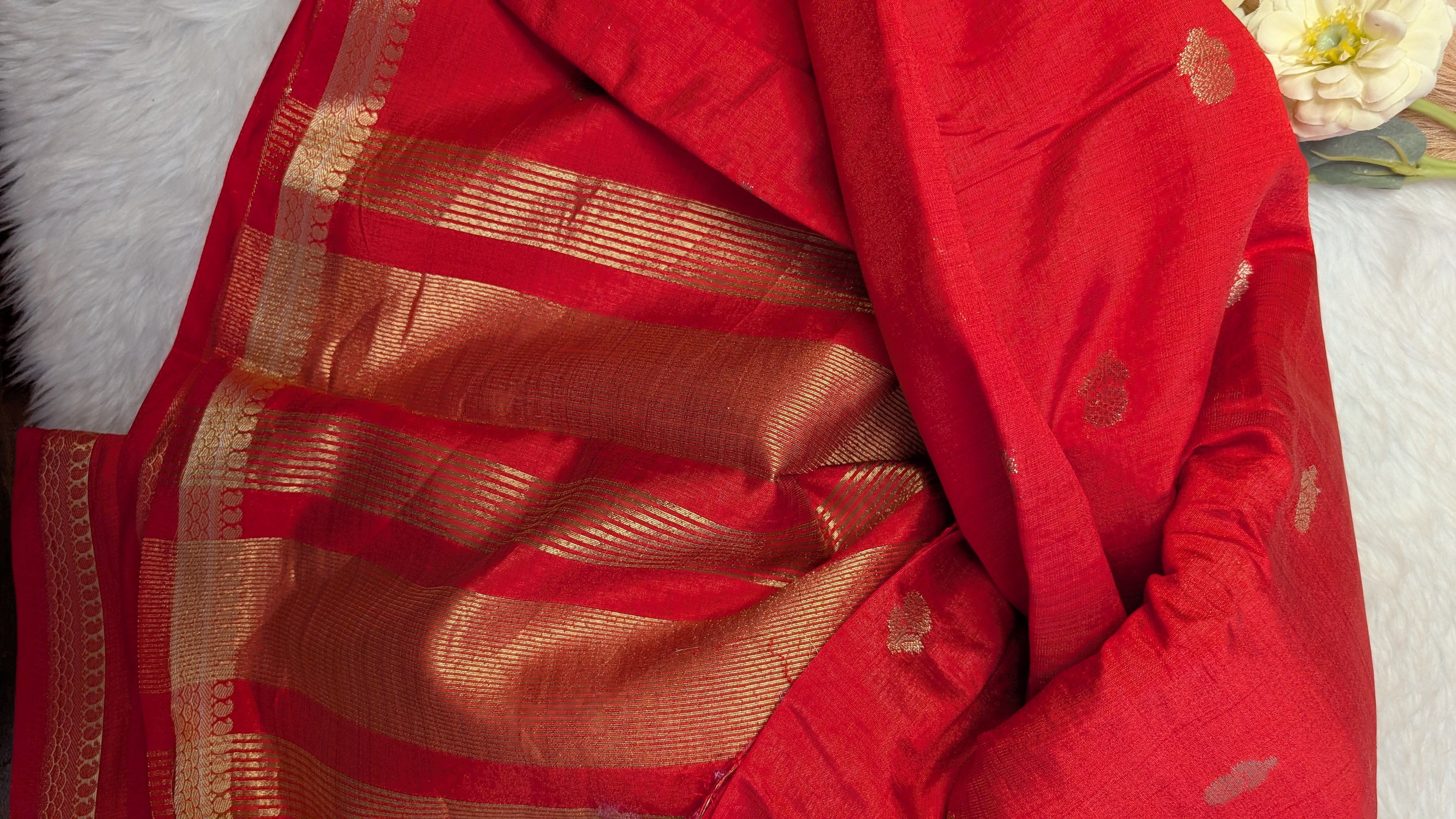 Cotton Blend Tussar Silk Saree- Red