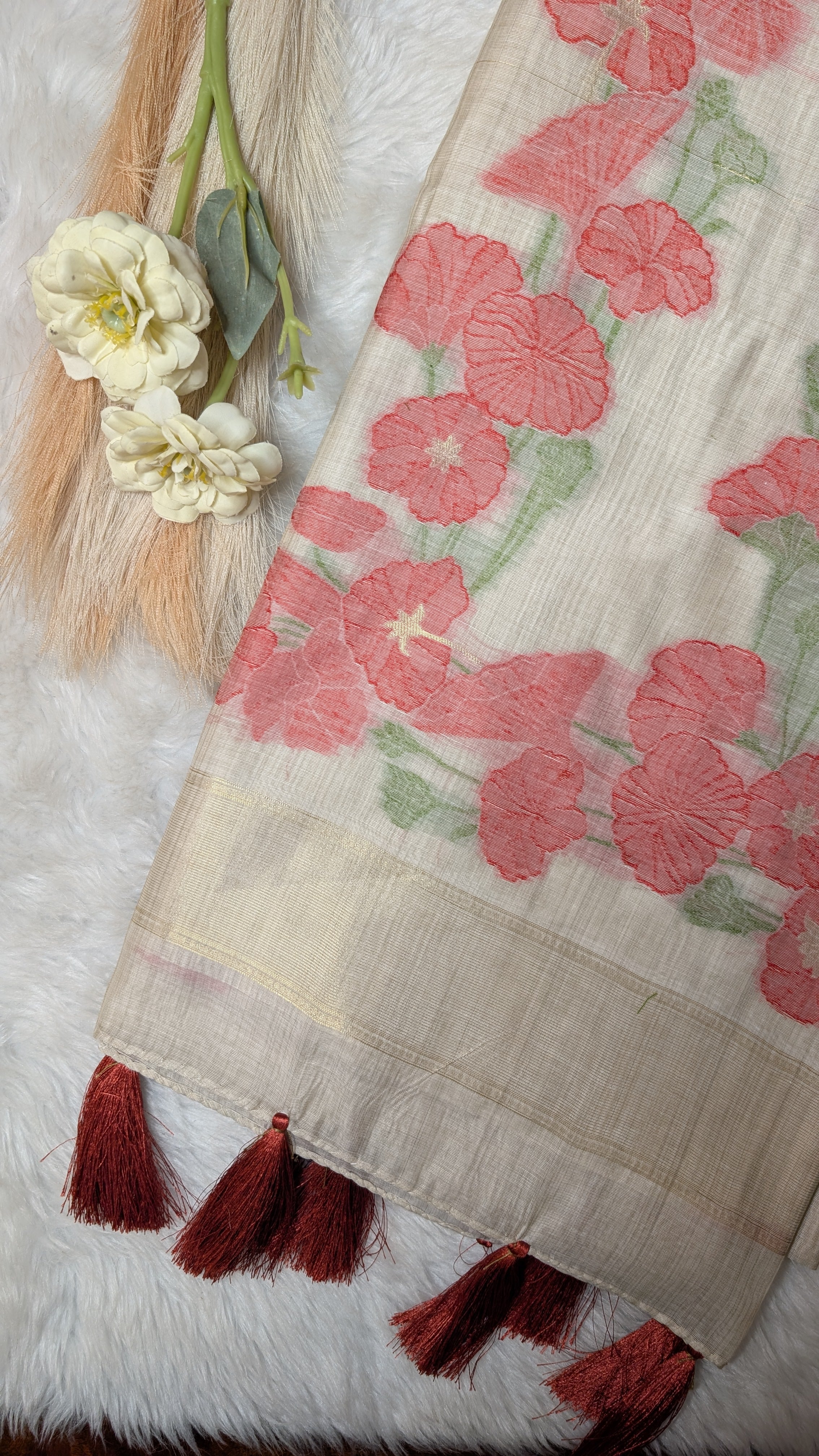Cotton Saree with Flower border- Cream and Orange