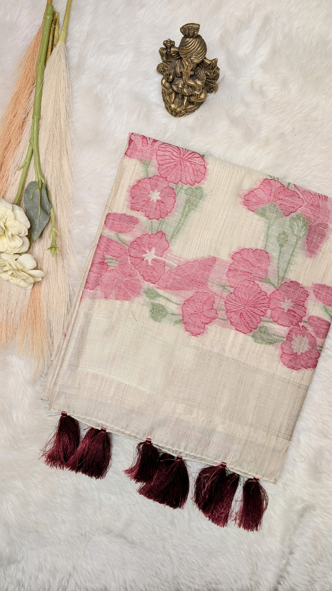 Cotton Saree with Flower border- Cream and Pink
