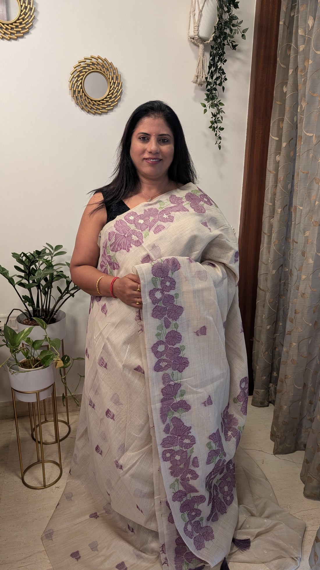 Cotton Saree with Flower border- Purple