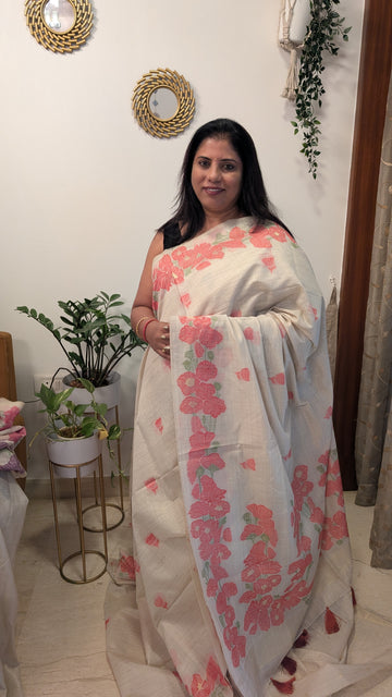 Cotton Saree with Flower border- Cream and Orange
