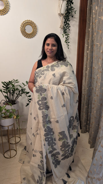 Cotton Saree with Flower border- Cream and Black