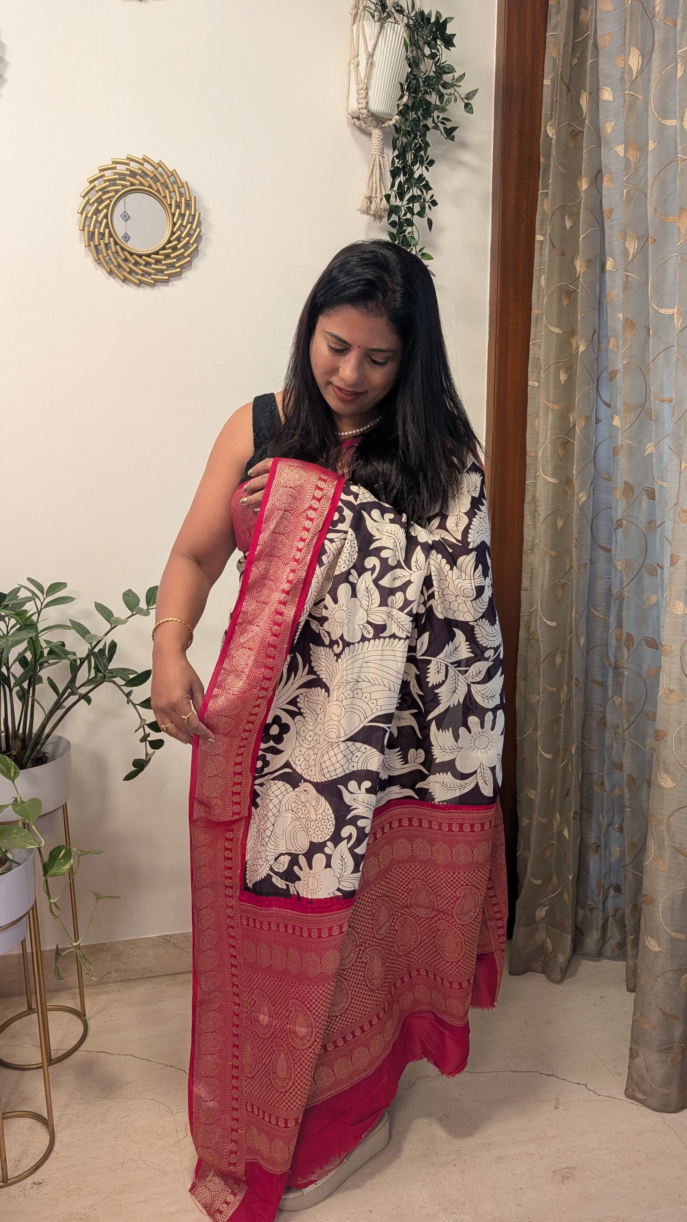 Crepe Silk Saree -Black and Ivory Floral