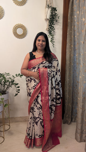 Crepe Silk Saree -Black and Ivory Floral