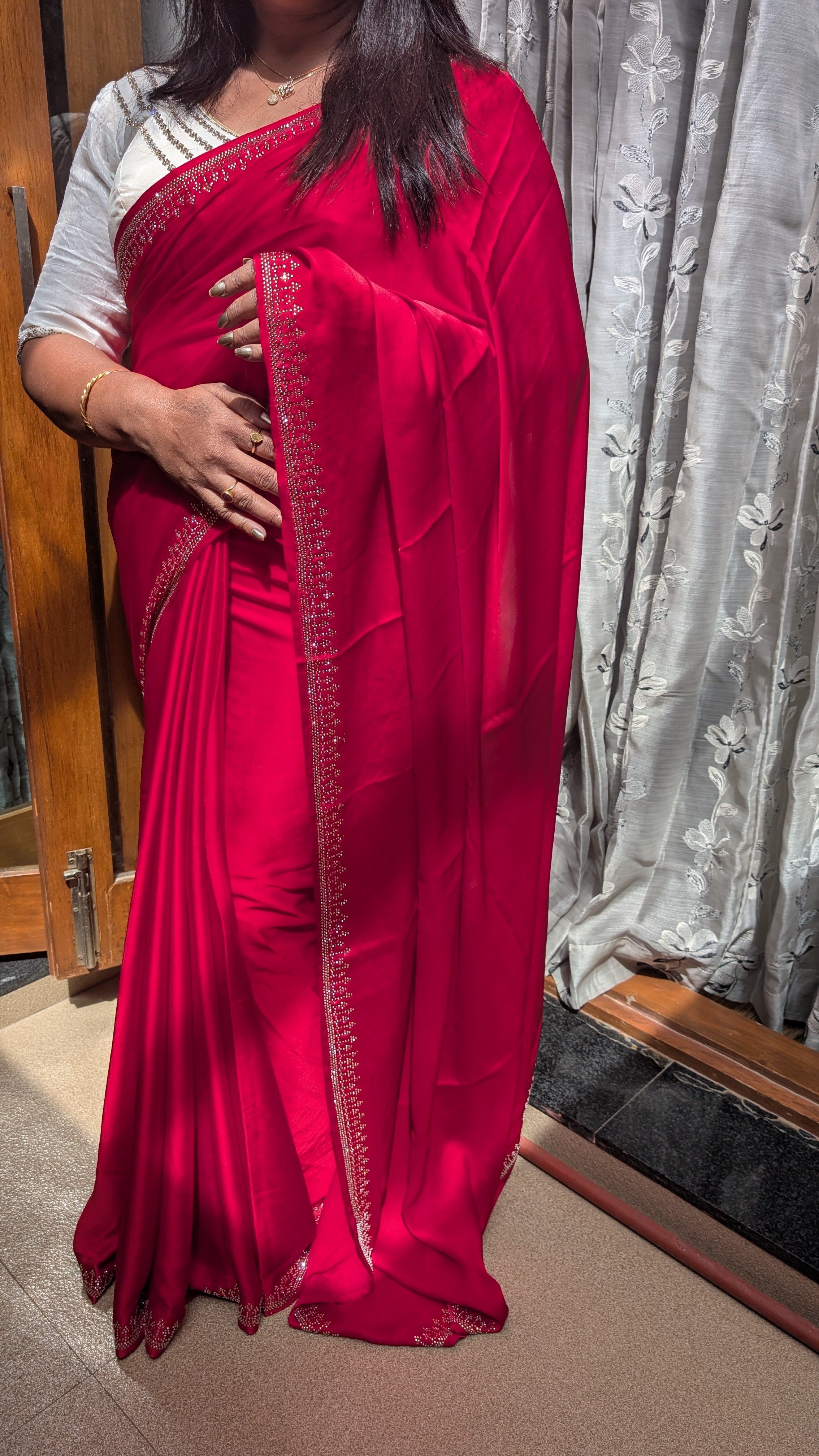 Red Satin Fancy Saree with Stone work