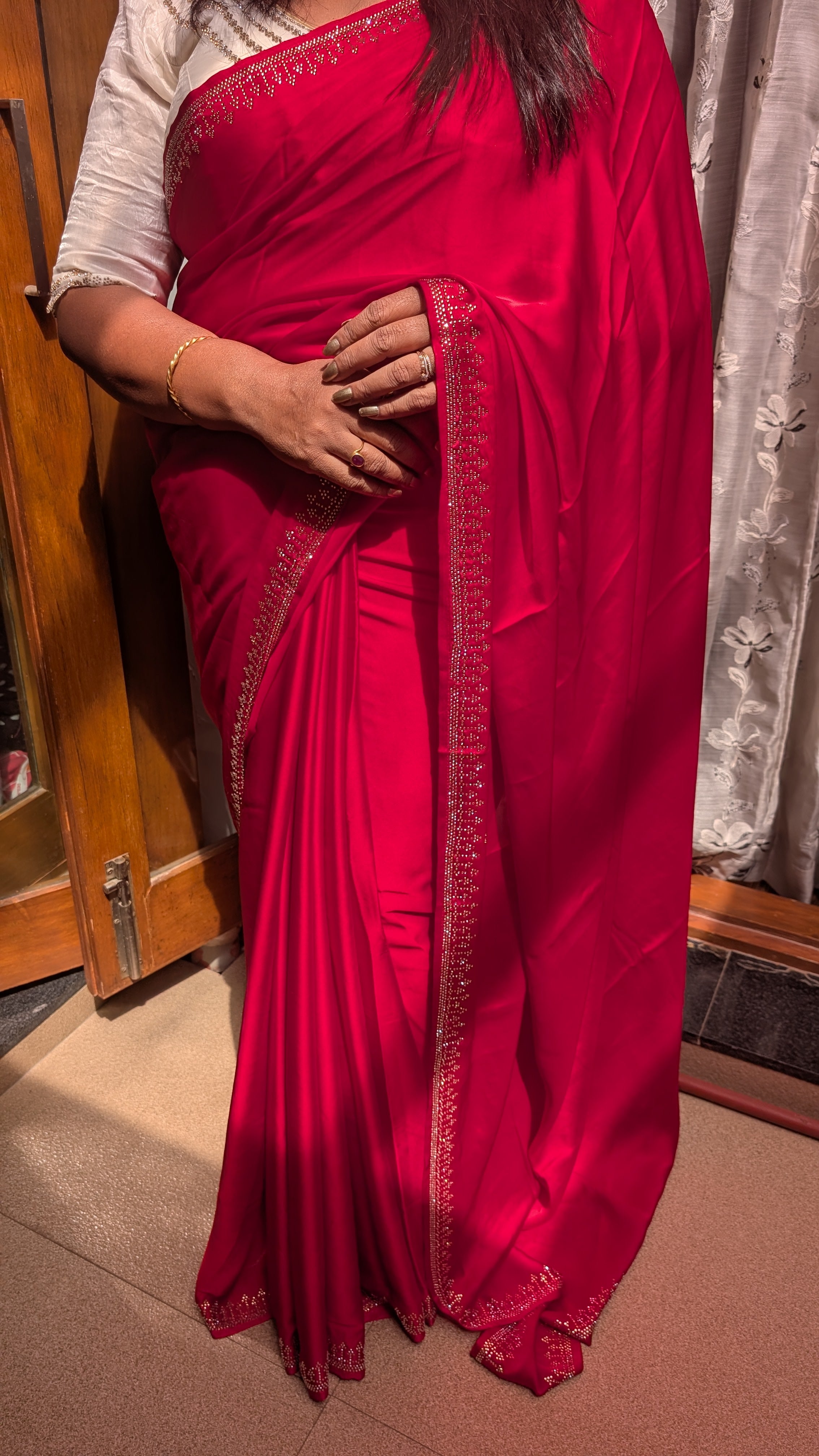Red Satin Fancy Saree with Stone work