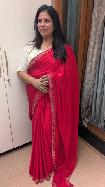 Red Satin Fancy Saree with Stone work