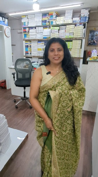 Soft Crushed Fabric and Work Saree- Green