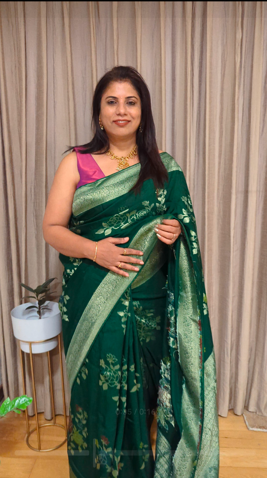 Green Banarasi Chanderi Silk Saree with Floral Zari Motifs