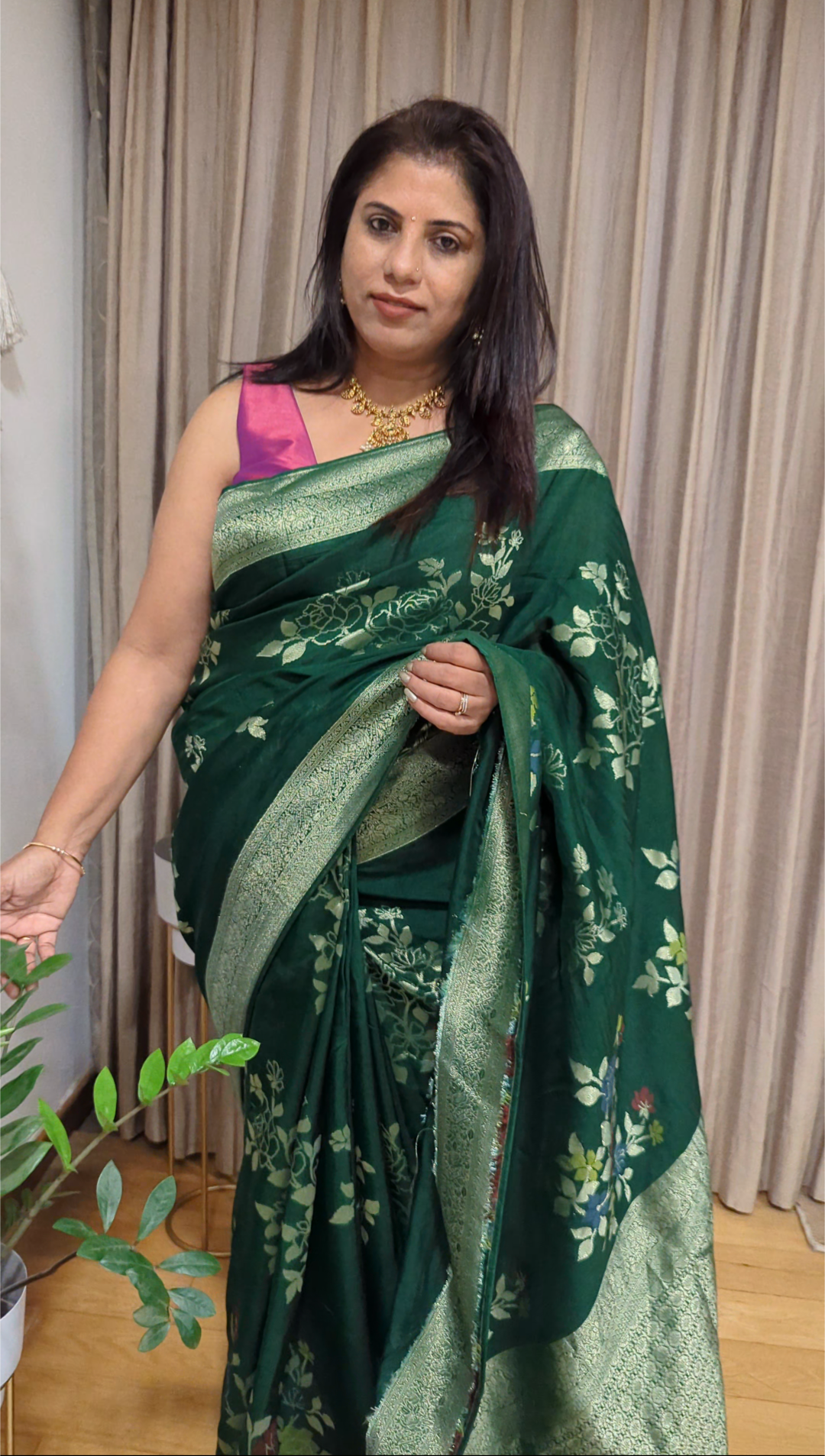 Green Banarasi Chanderi Silk Saree with Floral Zari Motifs