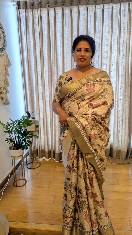 Beige Multi colored Floral prints Madhubani Silk Saree