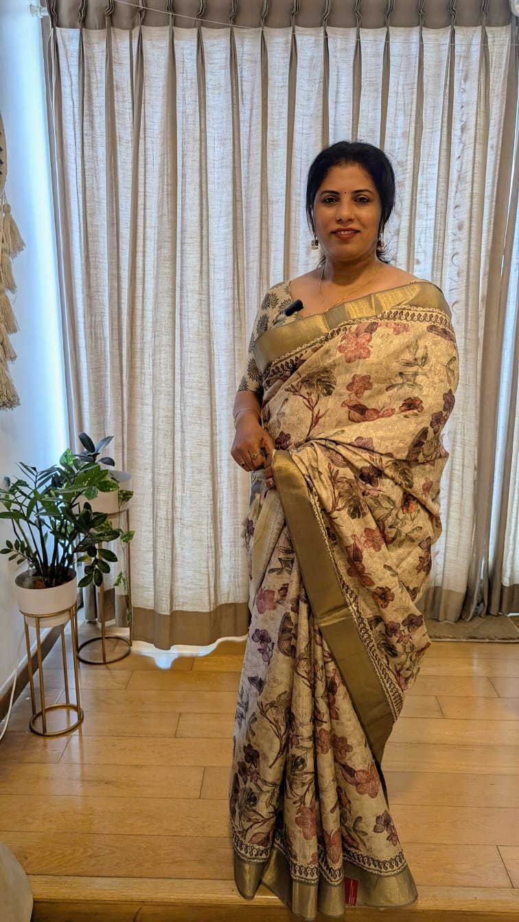 Beige Multi colored Floral prints Madhubani Silk Saree