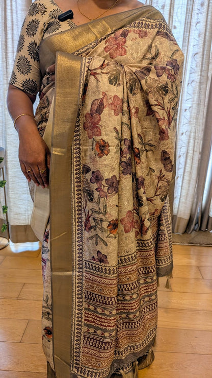 Beige Multi colored Floral prints Madhubani Silk Saree