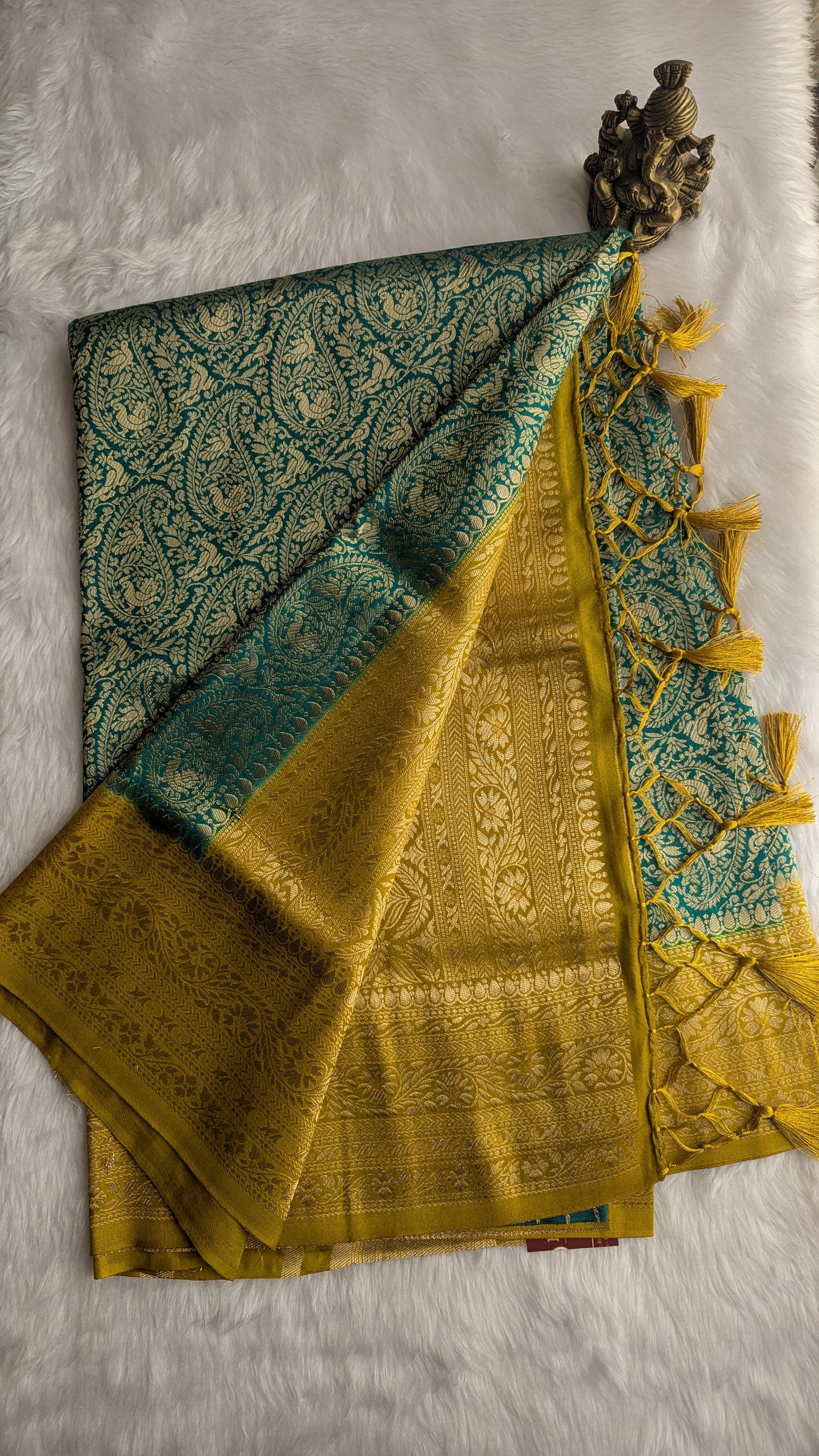 Peacock Green and Mustard Brocade Silk Saree