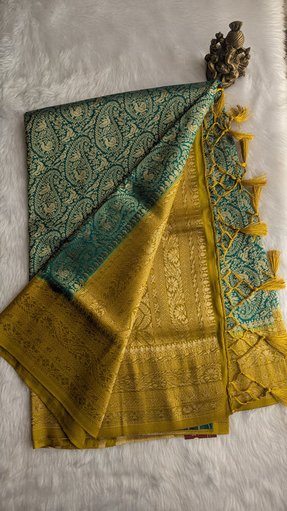 Peacock Green and Mustard Brocade Silk Saree