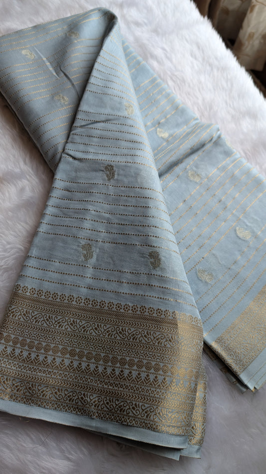 Sea Blue with Golden Stripes Semi Crepe Silk Saree