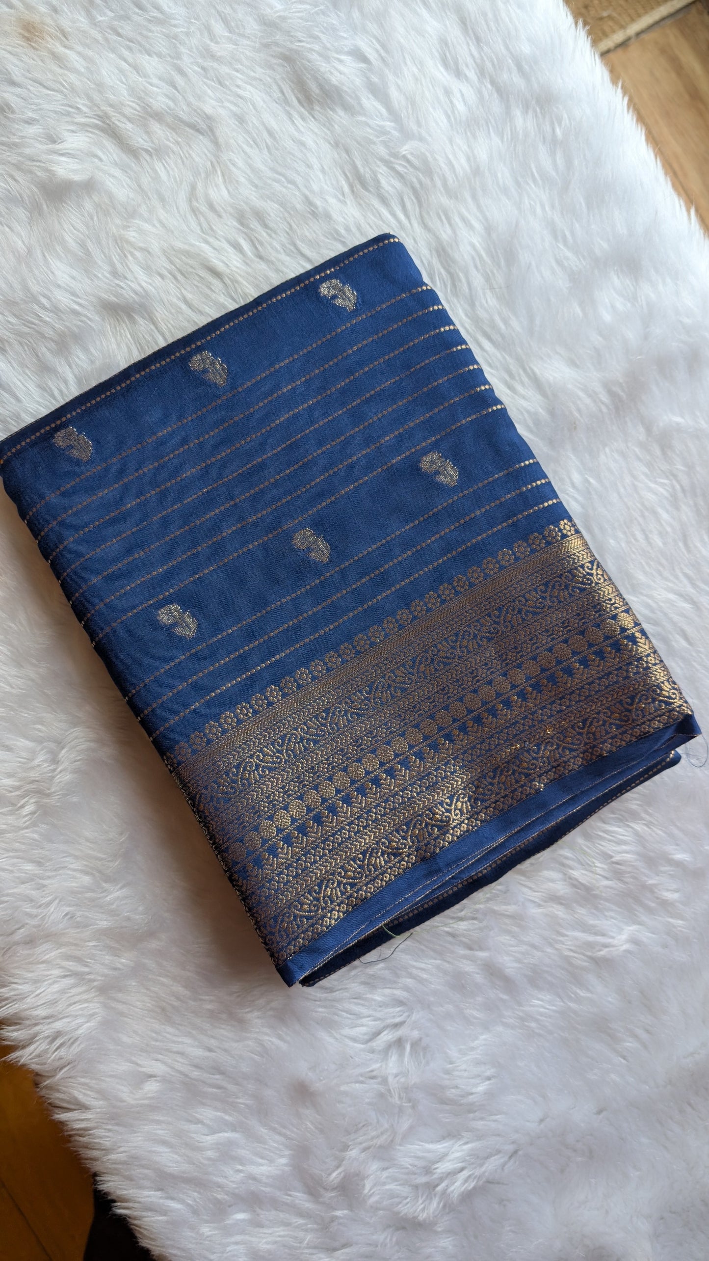 Blue with Golden Stripes Semi Crepe Silk Saree