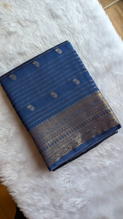 Blue with Golden Stripes Semi Crepe Silk Saree