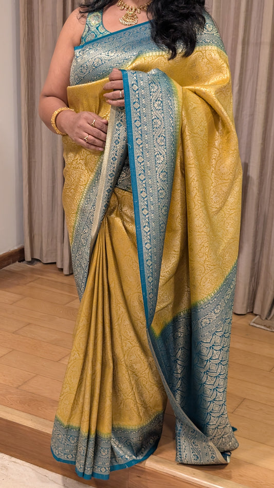 Mustard and Teal Contrast Brocade Silk Saree