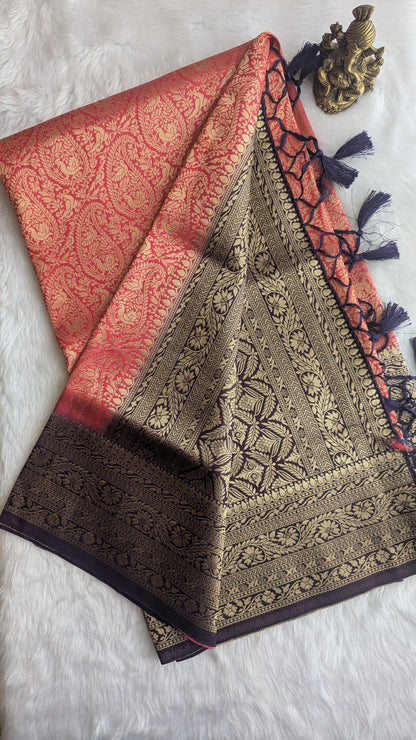 Pinkish Red and Purple Brocade Silk Saree