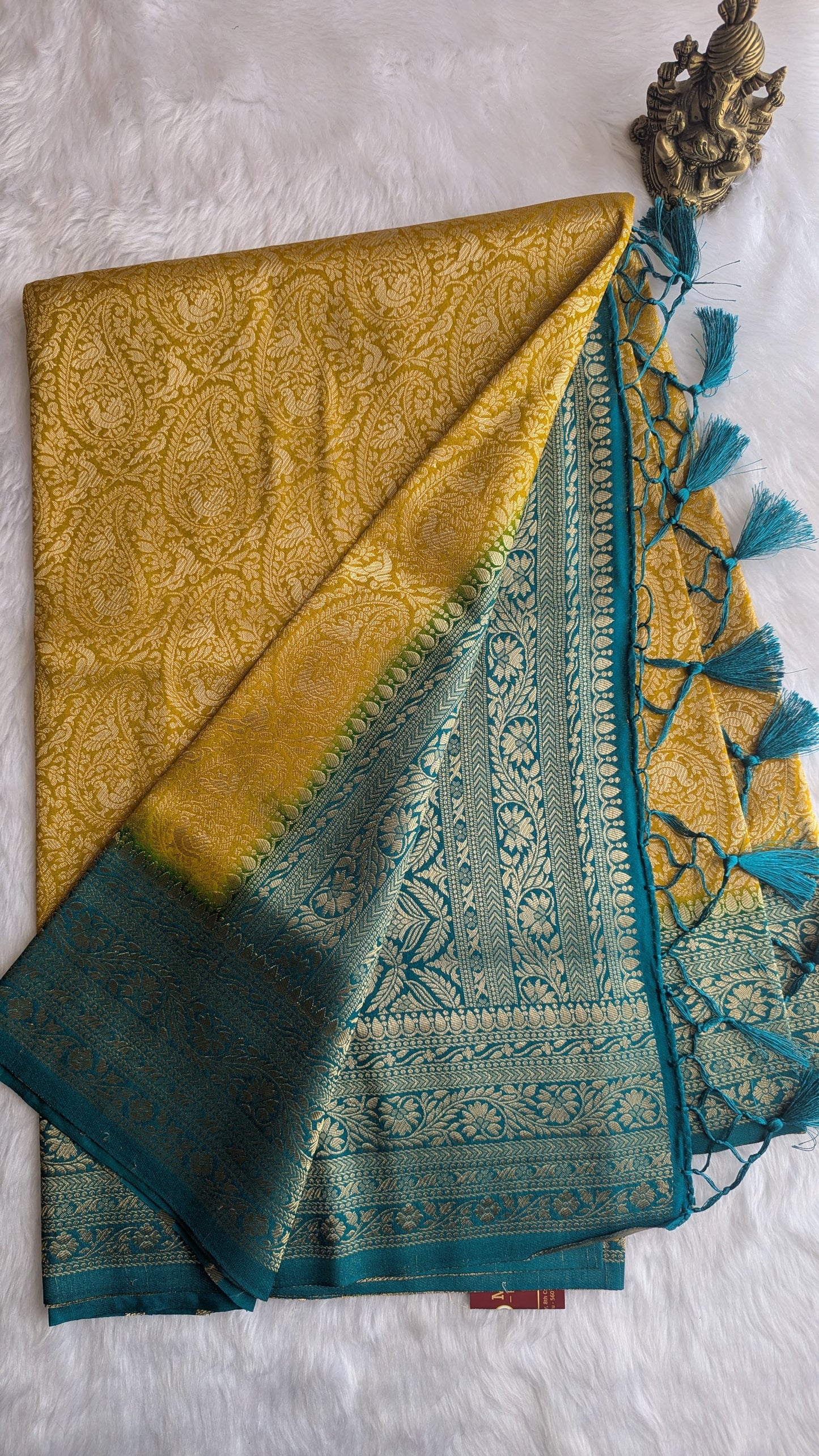 Mustard and Teal Contrast Brocade Silk Saree
