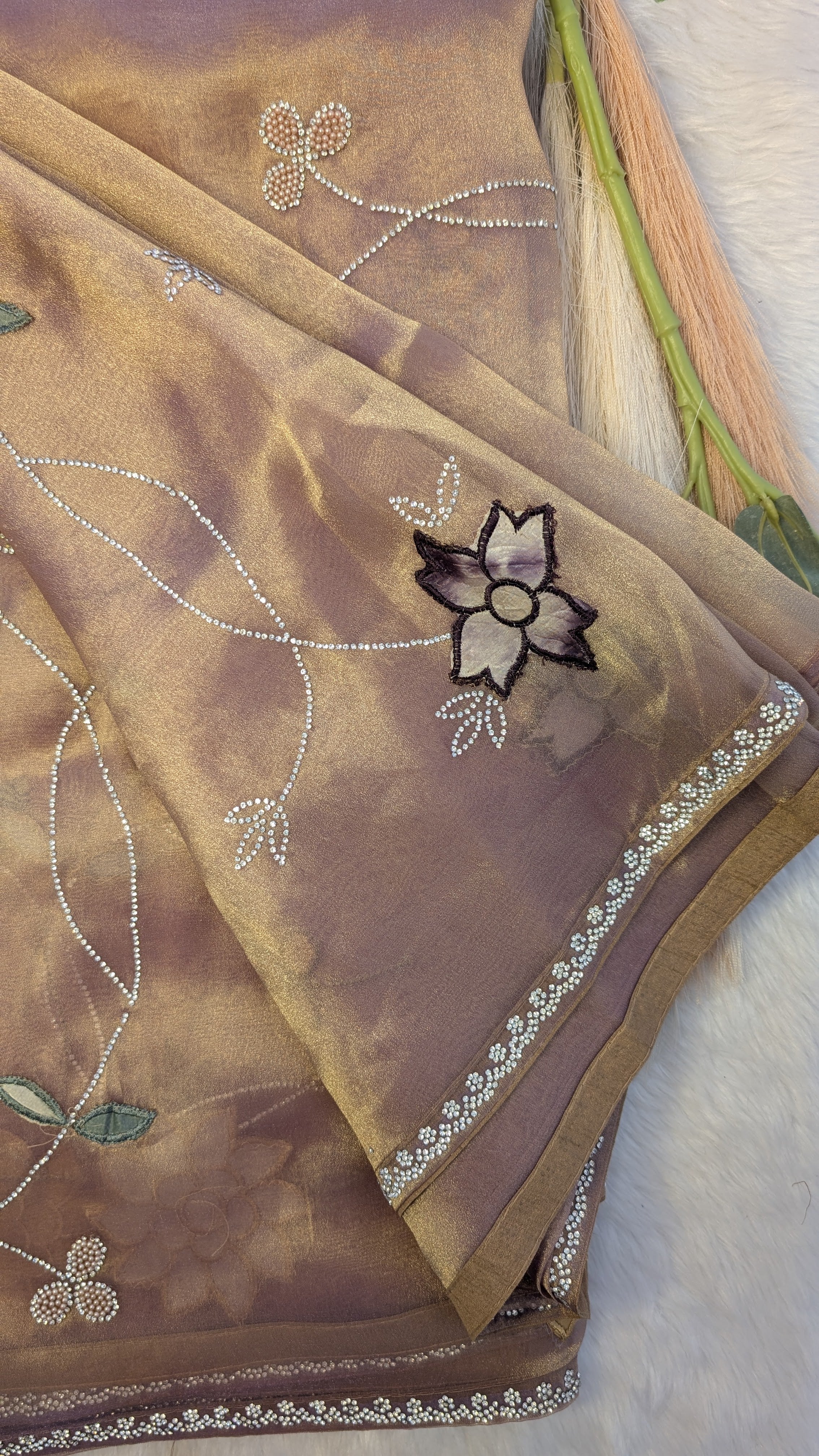 Premium Tissue Designer Saree - Double Shade Shimmer Gold