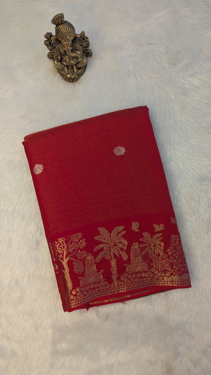Red Crepe Silk Saree with Tree Border
