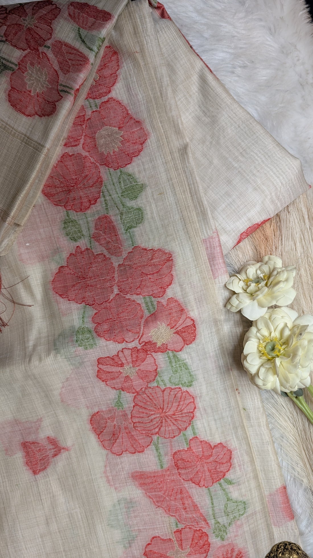 Cotton Saree with Flower border- Cream and Orange