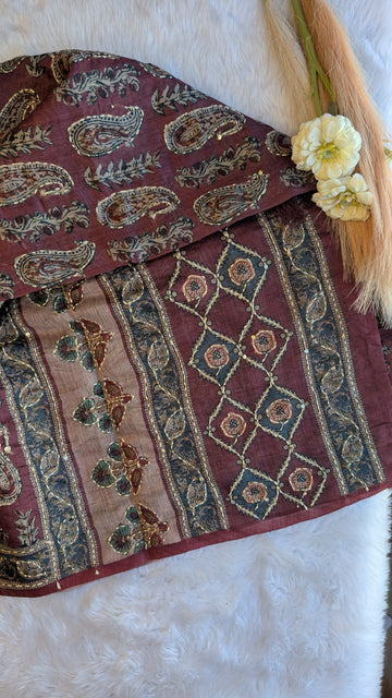 Cotton Kantha Thread Work Saree - Maroon