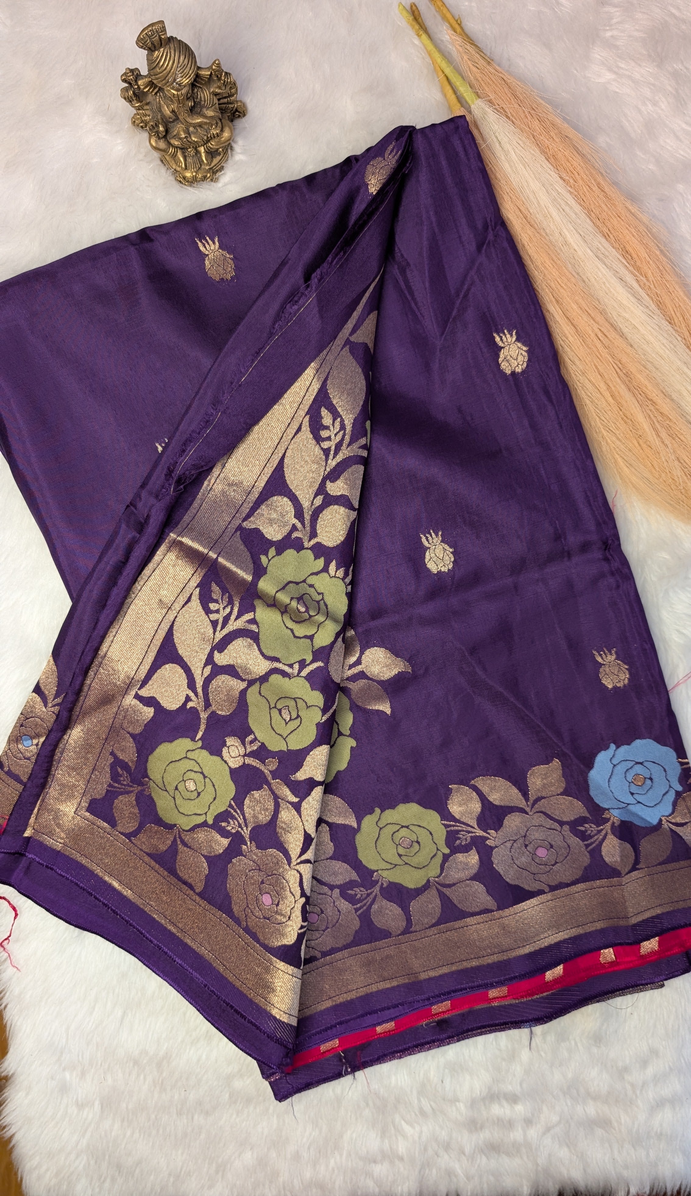 Purple Viscose Crepe Silk with Flower Zari Border