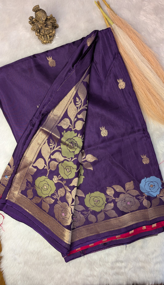 Purple Viscose Crepe Silk with Flower Zari Border
