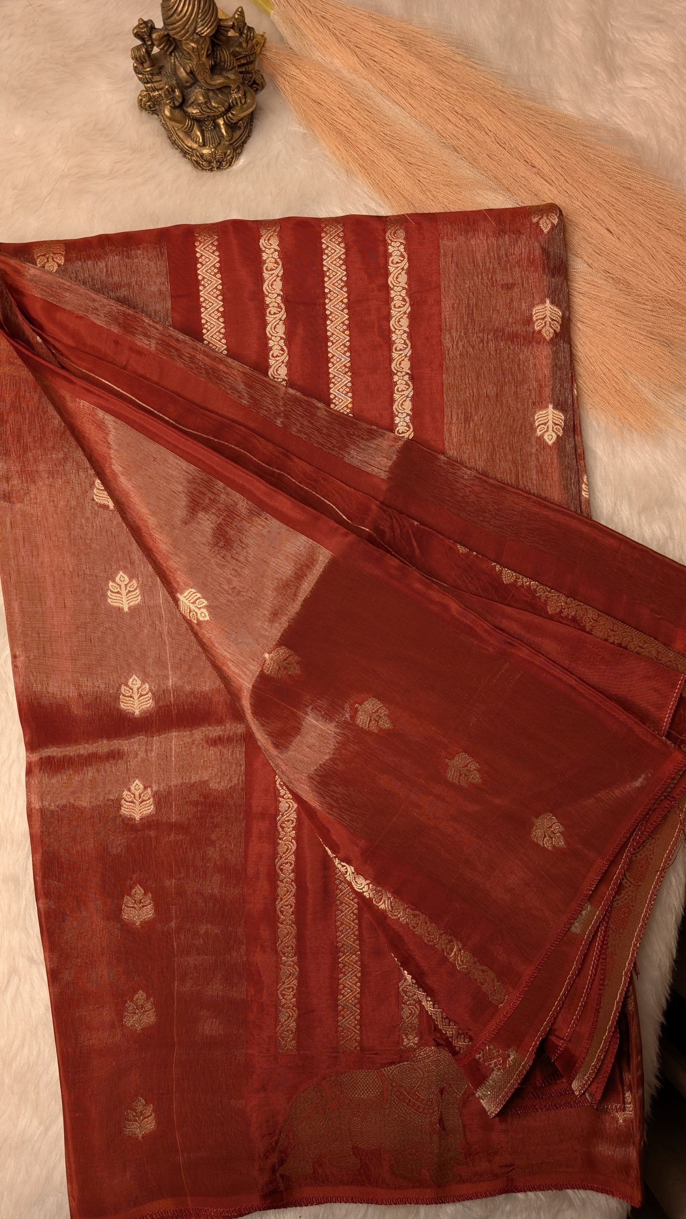 Brick Color Tissue with Elephant and Zari Lines