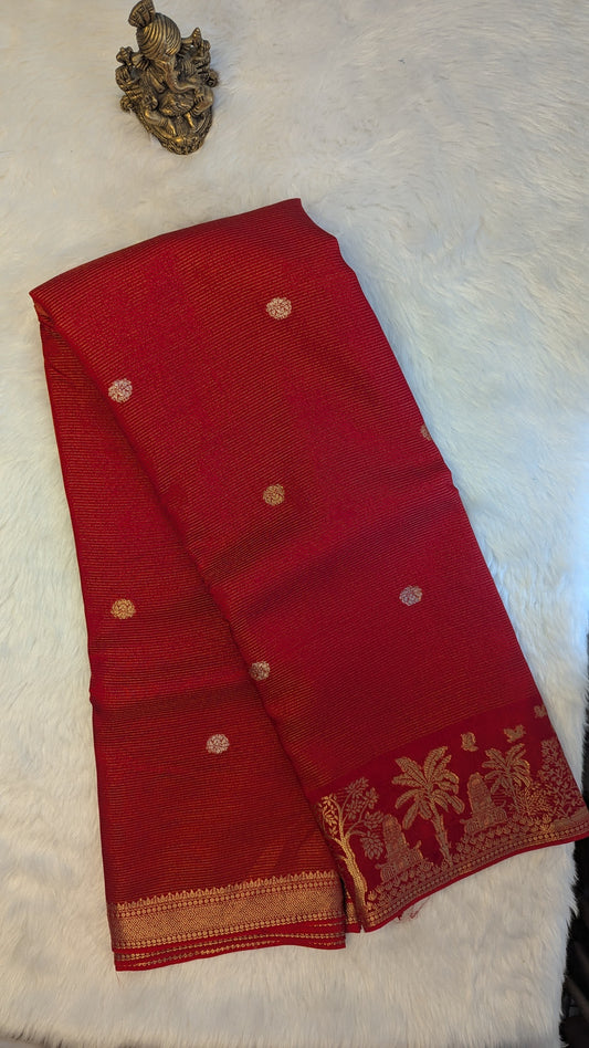 Red Crepe Silk Saree with Tree Border