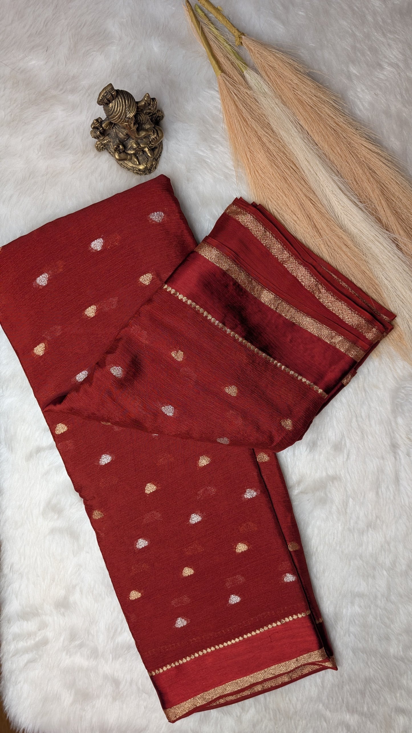 Georgette Crepe Silk with Golden Buttis- Rust Orange