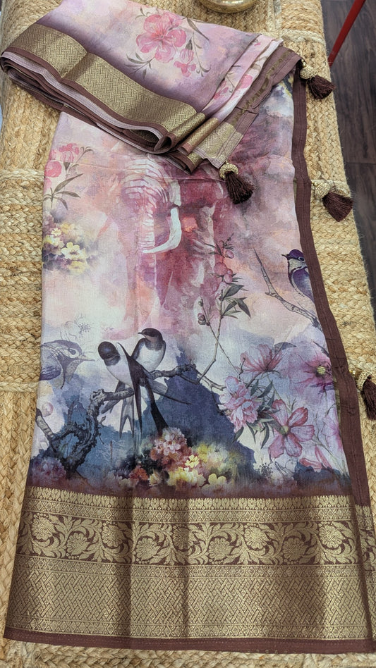 Birds Prints Premium Semi Crepe Silk Saree