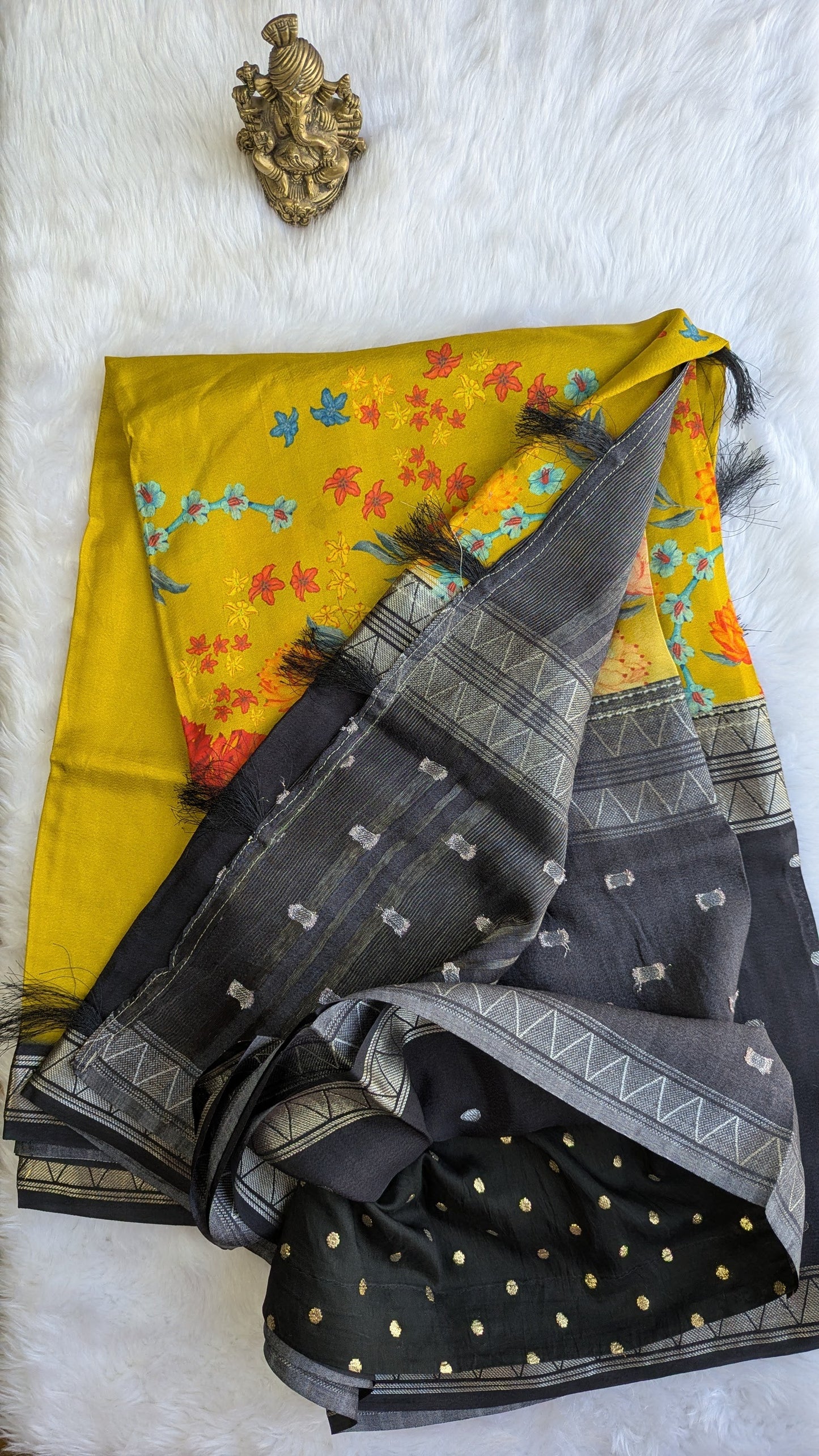 Yellow and Black Half and Half Crepe Silk Saree