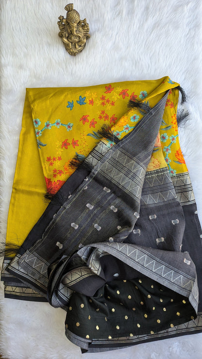 Yellow and Black Half and Half Crepe Silk Saree