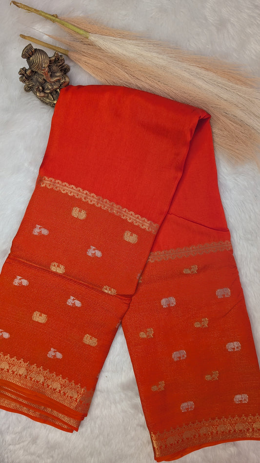 Orange Crepe Silk Saree with Big border with Zari lines and Buttis