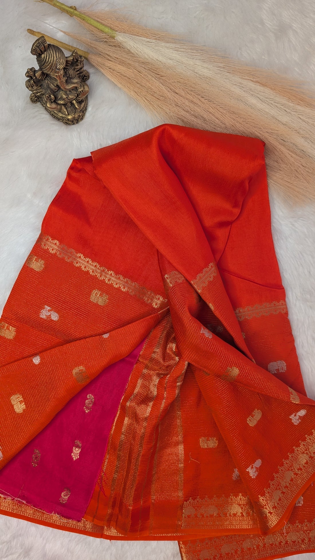 Orange Crepe Silk Saree with Big border with Zari lines and Buttis