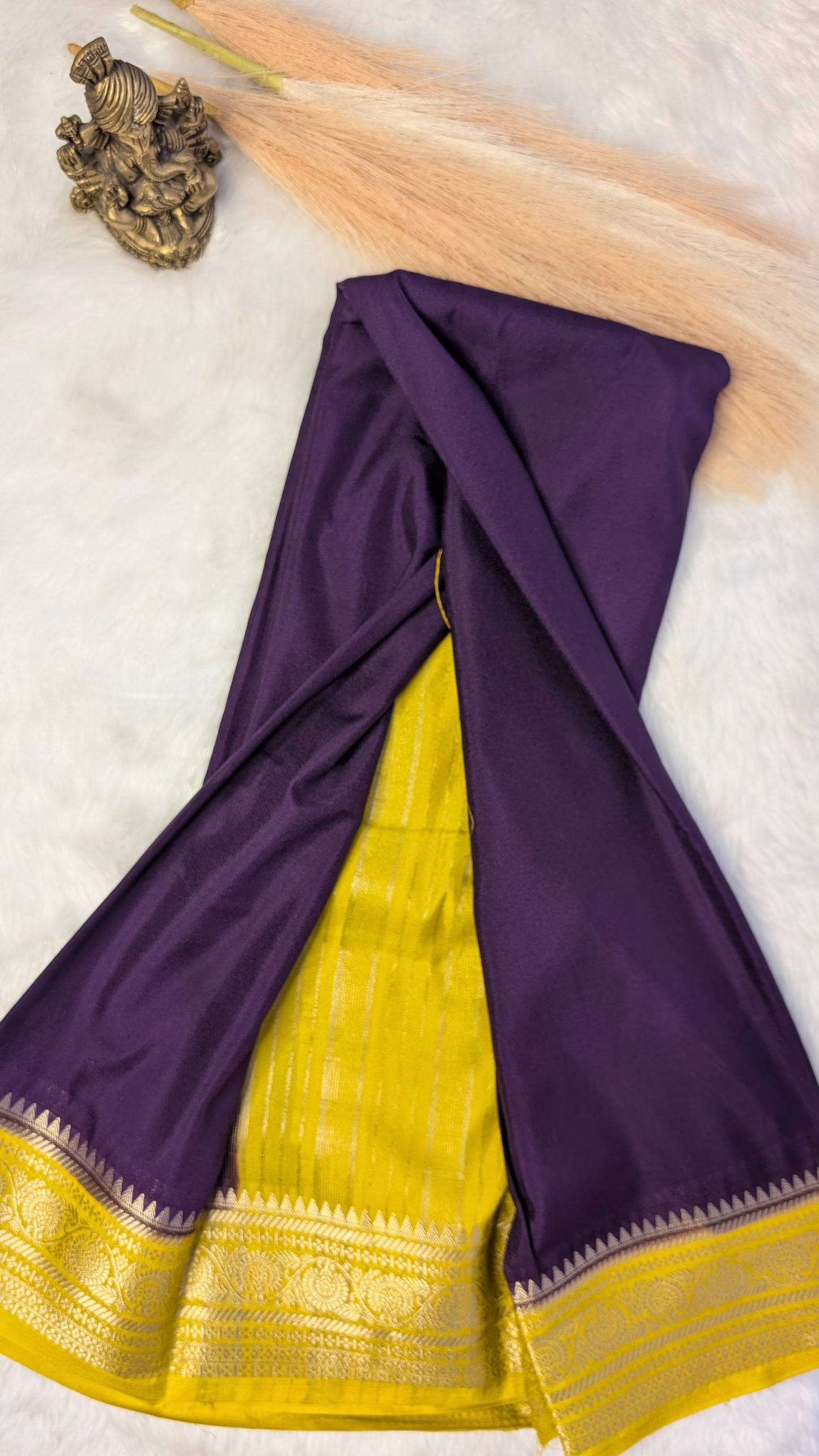 Purple and Yellow Border Semi Mysore Silk Saree
