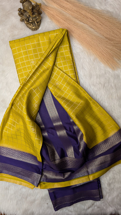 Mustard and Purple Semi Mysore Silk Saree