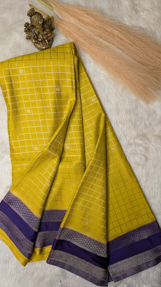 Mustard and Purple Semi Mysore Silk Saree
