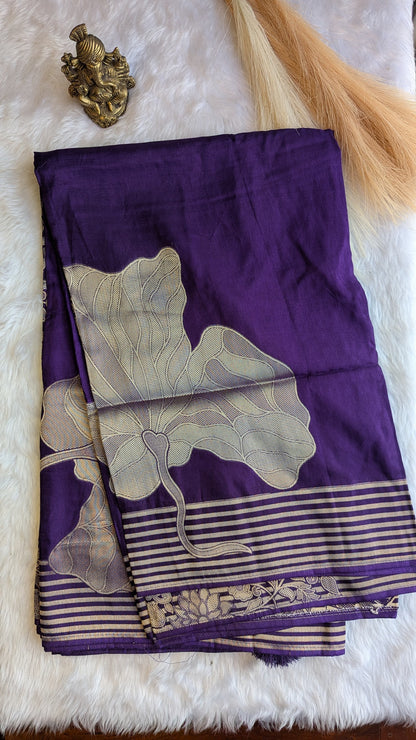 Purple Crepe Silk with Big Zari Flower Motifs