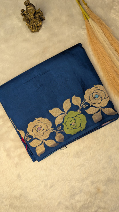 Blue Viscose Crepe Silk with Flower Zari Border